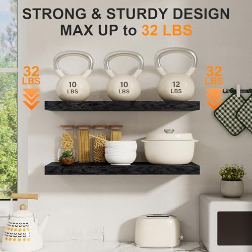 24 Inch Floating Shelves Black, 8" Deep Wall Shelf, Wall Mounted Wood Shelf