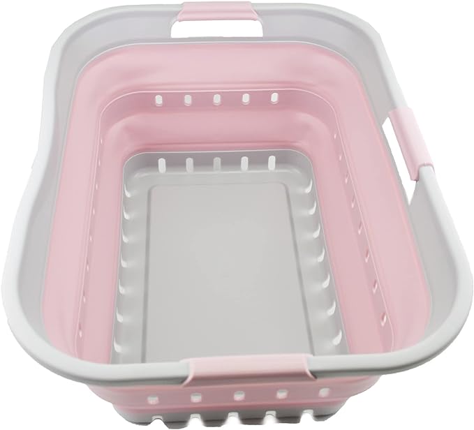 SAMMART 42L (11 gallon) Collapsible Plastic Laundry Basket - Foldable Pop Up Storage Container/Organizer - Portable Washing Tub - Space Saving Hamper/Basket (Grey/Pale Pink)