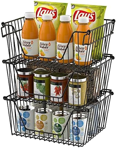 Slideep 14'' Black Stackable Storage Baskets Sturdy Metal Wire Freezer Bins Cabinet Organizer for Pantry Home Kitchen Or