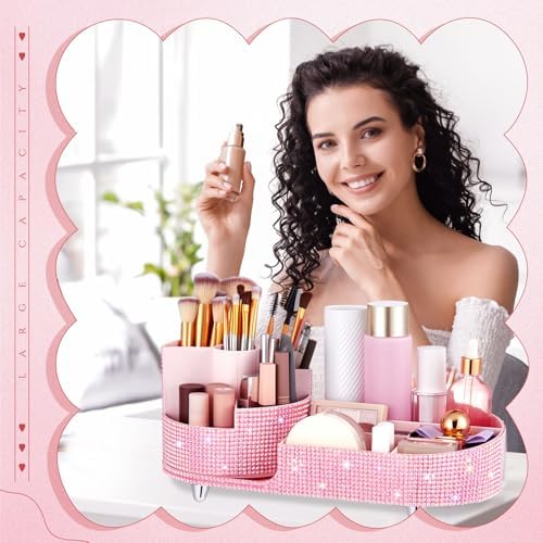 Rotating Makeup Organizer Vanity, Pink, Rhinestone