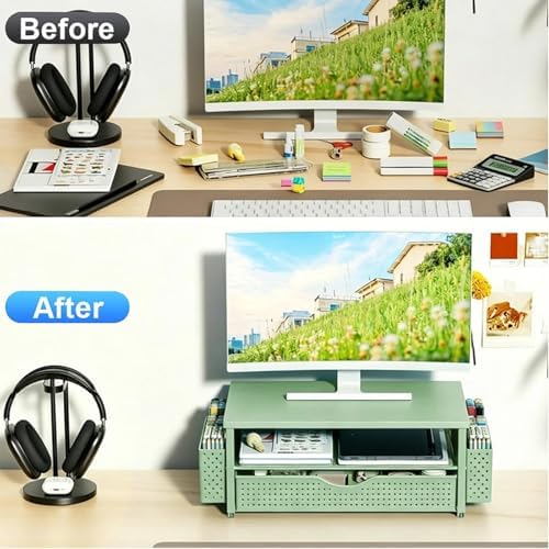 Spacrea Computer Monitor Stand with Drawer and 2 Pen Holders, Sage Green