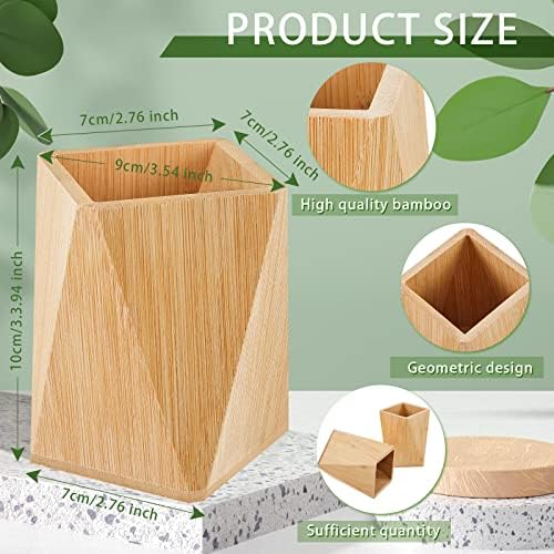 Henoyso 2 Pcs Bamboo Wood Pen Pencil Holder Geometric Pencil Cup Stand Makeup Organizer for Pen Holder Desk Home Office Adults(Bamboo)