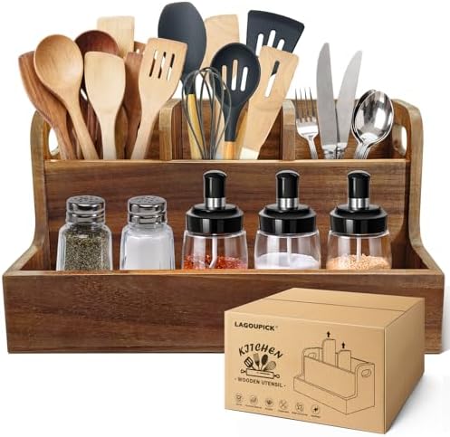 Kitchen Utensil Holder for Countertop with 4 Compartments Acacia Large Utensil Holder Wooden Storage for Cooking,Baking,