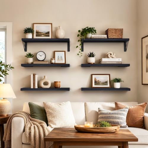 BAYKA Wall Mounted Black Floating Shelves for Wall (Set of 6, 16" Uniform)