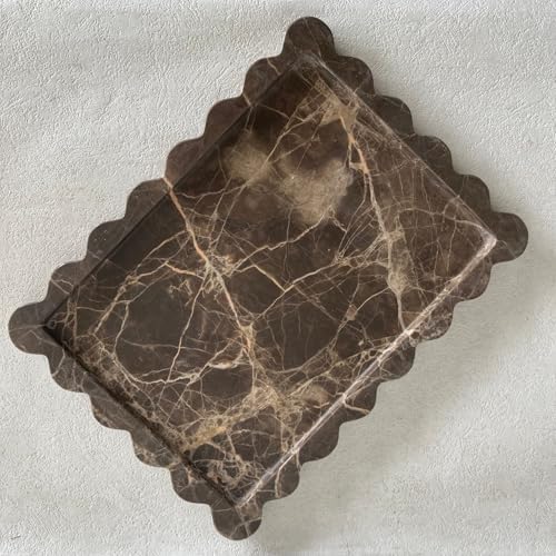 Natural Scalloped Marble Tray 10.7"x7.87",Rectangle Tray for Bathroom Kitchen Counter, Decorative Tray for Dresser (Coff