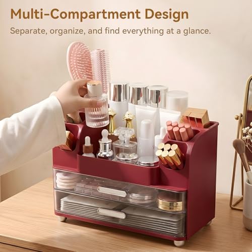Makeup Organizer for Vanity with 2 Large Drawers and 6 Brush Holders, Red