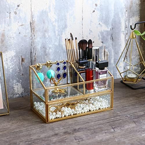 Golden Glass Box Vanity Tray Glass Case Makeup Display Organizer on Dresser, Multifunctional Cosmetic Storage for Palett