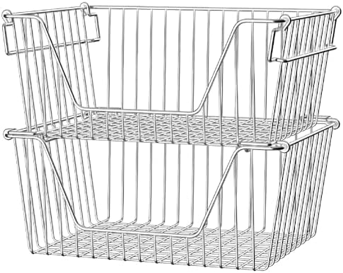 Slideep 14'' Large Stackable Storage Baskets Cabinet Organizer Sturdy Metal Wire Pantry Freezer Bin for Pantry Home Bath