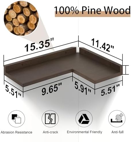 4 Tier Floating Corner Shelves - Set of 4 Rustic Wooden Floating Corner Wall Shelf with Cord Hole, L Shaped Corner Shelf