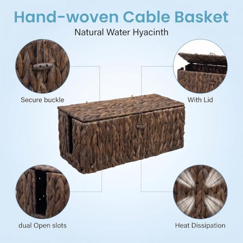 efluky 2 Pack Water Hyacinth Floor Cord Covers with Lid, Hand-Woven Cable Management Box, 2 Open Slots Cord Box to to Hi