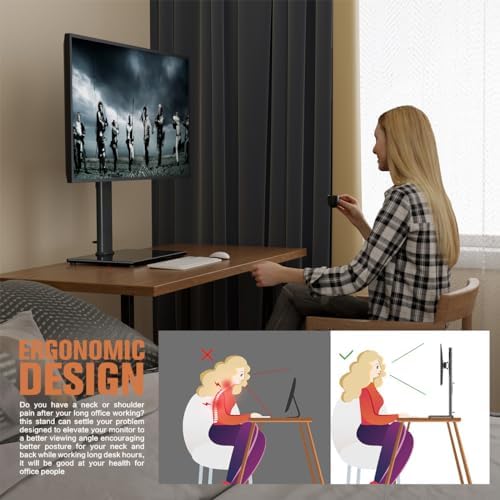 Single Monitor Stand Freestanding 27-43 Inch Monitor Arm Curved Screen Monitor Mount Tempered Glass Base Adjustable Moti