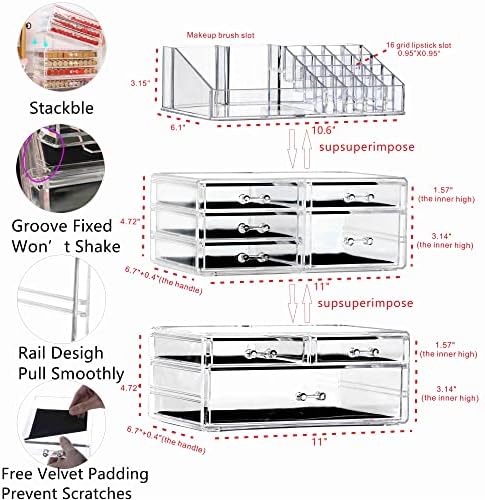 Cq acrylic 3 Pack Clear Make Up Organizer Countertop,Stackable 8 Drawers Makeup Storage,Cute Vanity Organizers for Dress