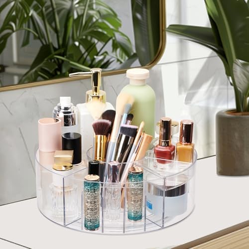 360 Rotating Makeup Organizer for Vanity, 10” Desk Acrylic Spinning Cosmetic Skincare Organizer Countertop, Large Clear 
