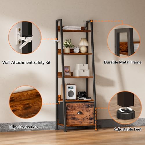 Furologee Ladder Shelf, 5 Tier Bookshelf with Fabric Drawer, Rustic Brown