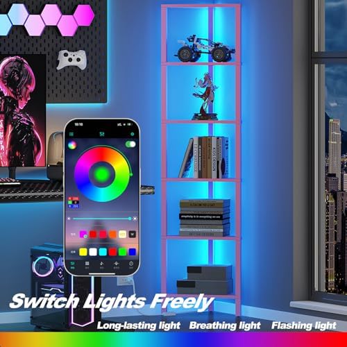 TUTOTAK Corner Shelf with LED Light, 6-Tier Corner Bookshelf