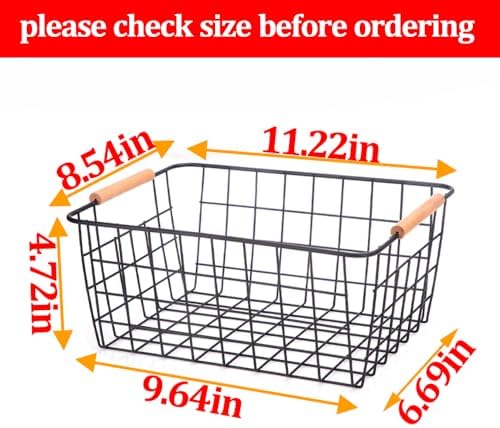 Metal Black Wire Basket,Food Storage Organizer with Wooden Handles, pantry organizers and storage for Kitchen shelf Cabi