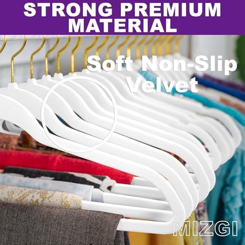 MIZGI White Velvet Hangers 100 Pack,Premium Gold Clothes Hangers Non-Slip Felt Hangers,Sturdy White Hangers Heavy Duty Coat Hangers,Durable Suit Hangers Space Saving, No Flocked Hanger Marks