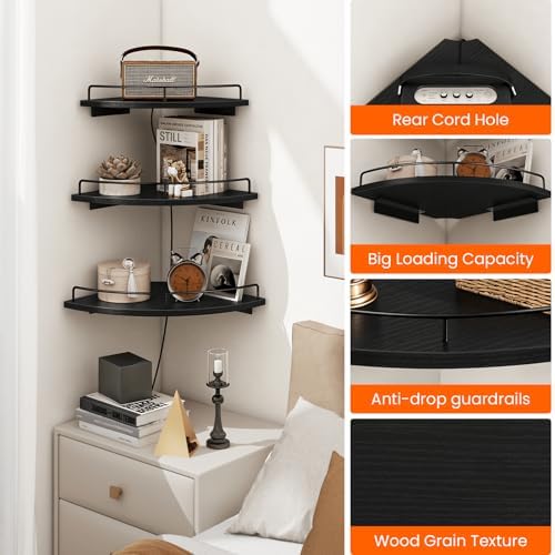 Homode 3 Tier Corner Floating Shelves, Wooden Corner Shelf Wall Mount 9/10/12 Inch with Guardrail, Rounded Hanging Corne
