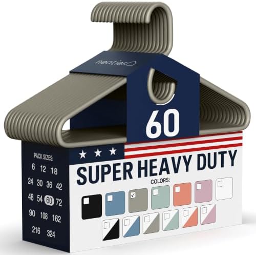 Super Heavy Duty Clothes Hangers 60 Pack – Made in the USA - 10lb Capacity, Thick Plastic Hangers for Pants, Coats, Jackets, Jeans and Adult Clothing – Gray