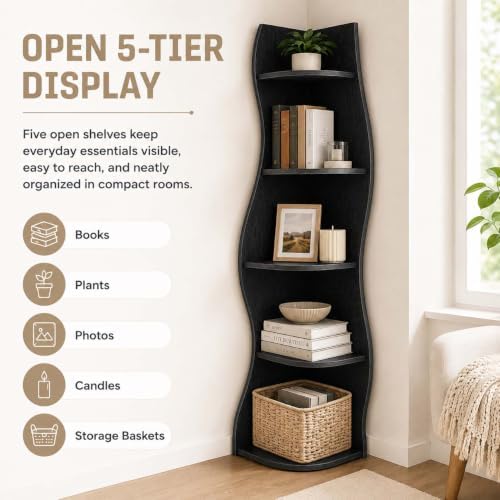 HRVEOCEI 5-Tier Wavy Corner Shelf with Curvy Shape for Small Space, Black