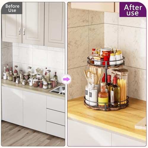 Heavy-Duty 2-Tier Lazy Susan Organizer, Adjustable to Different Heights, Countertop Spice Rack, Upgraded Thickened Woode