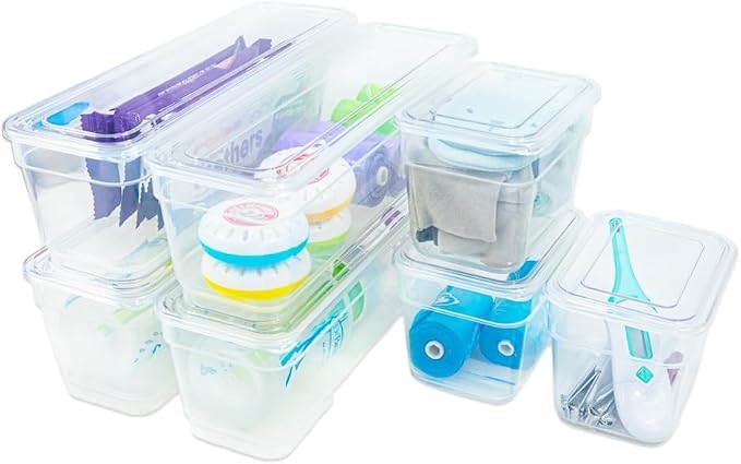 AB Designs Best Kept Plastic Storage Bins with Lids - Mixed Pack, 4 Long & 4 Small Home Organizer Storage Boxes with Lids, Clear