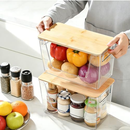 4 Set Potato And Onion Storage Bins with Bamboo Lid, Clear