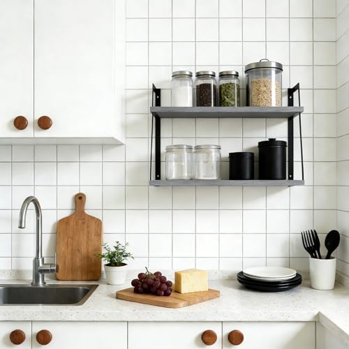 SRIWATANA Gray 2-Tier Floating Shelves, Wood Wall Storage Shelf Unit