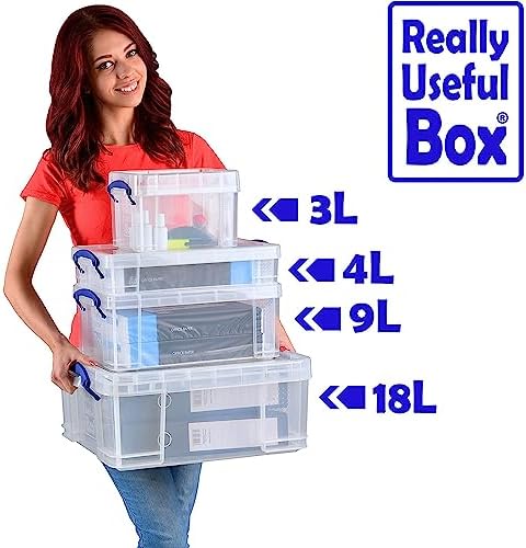 Really Useful Box 4 Liter Plastic Stackable Storage Container w/Snap Lid & Built-In Clip Lock Handles for Home & Office 