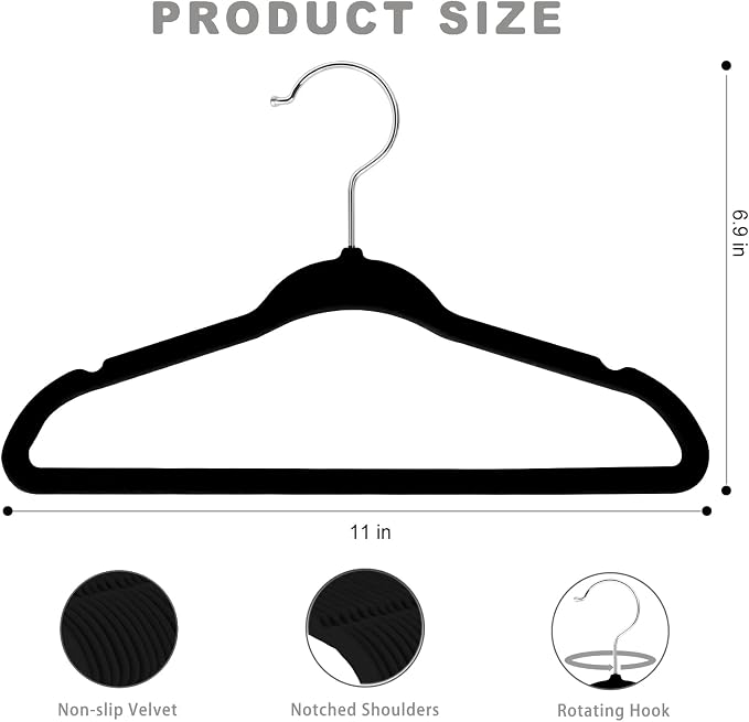 BAGAIL 50 Pack Kids Velvet Hangers 11 Inches Children's Clothes Hangers Non-Slip Baby Hangers for Infant/Toddler (Black)