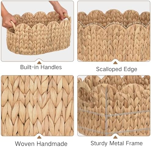 iEGrow Scalloped Wicker Basket, Set of 2 Hand-Woven Natural Rattan Baskets with Built-in Handles, Water Hyacinth Storage Oval Cute Baby Baskets for Nursery, Organizing, Decor and Shelves