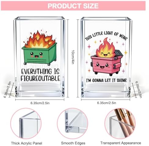Dumpster Fire Funny Acrylic Pencil Pen Holder Cup Set 2, Cute Pencil Holder Desk Organizer, Dumpster Fire Desk Accessories, Mental Health Gifts for Women Men Teachers Colleagues Students
