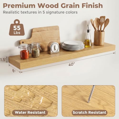 8 inch Deep Floating Shelves for Wall, 40" Wide, Oak Finish, 2-Pack