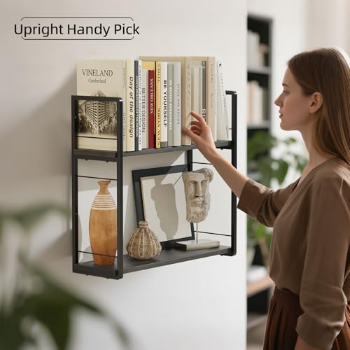 Floating Book Shelves for Wall, 2-Layer Wall Bookshelf for Book Storage, Space Saver, 16in Stud Hanging Shelf, Bedside S