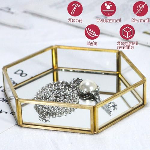 Hexagon Vintage Gold Mirror Glass Vanity Tray,Ornate Geometric and Brass Plated Display Storage Organizer for Makeup Bru