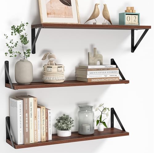 Heimlove Floating Shelves for Wall, 24 Inch Long Wood Floating Shelves Set of 3, Wall Mounted Hanging Shelf for Bathroom