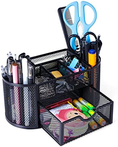 Black Mesh Pen Holder Desk Organizer Cute Office Supplies Pencil and Marker Organizers Oval Desk Caddy with 8 Compartments and 1 Drawer Workspace Accessories for Office School Home