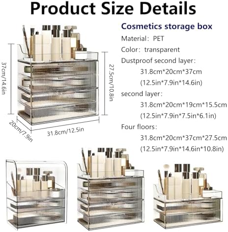 DASITON Clear Dustproof Four layers Storage Box,Makeup Brush Holder,Large Capacity Desktop Storage Box with Drawer,for B