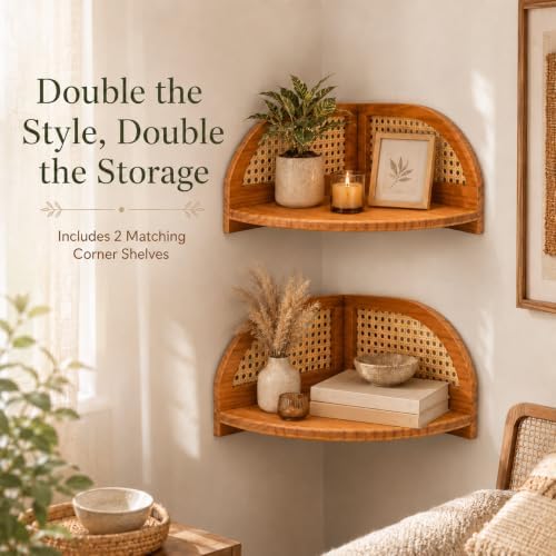 2 Pack Arched Boho Corner Shelf, Rattan Floating Wood Wall Shelves