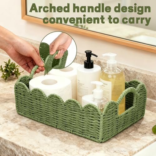 Hand Woven Paper Rope Scalloped Edge Decor Baskets for Home,Living Room, Bedroom,Storage over Above Behind Flush Tank,To