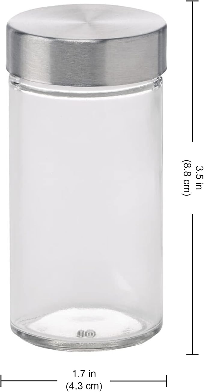 Kamenstein Clear Reusable 3 Oz Jars With Stainless Steel Shaker Lids, And Twist-On Caps For Airtight Seals 12 Pk