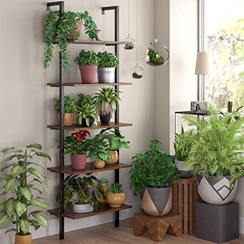 HHS 5 Tier Ladder Shelf, Wall Mounted Bookcase Dispaly Storage Rack Plant Flower Stand for Home Office, 23.6 x 7.3 x 72.