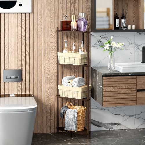 Corner Shelf Stand - 4 Tier Bamboo Small Corner Bookshelf for Office Kitchen Bedroom Plant Stand Living Room Decor Small