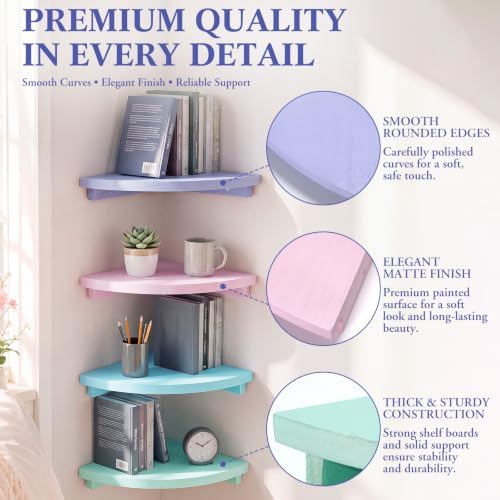 RattanView Corner Floating Shelves Set of 4 Macaron Corner Shelf Wall Mount