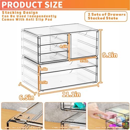 Yieach 2 Pack Acrylic Drawer Organizer With 6 Drawers,Stackable 11.1” Large Clear Storage Drawers and Makeup Organizer F