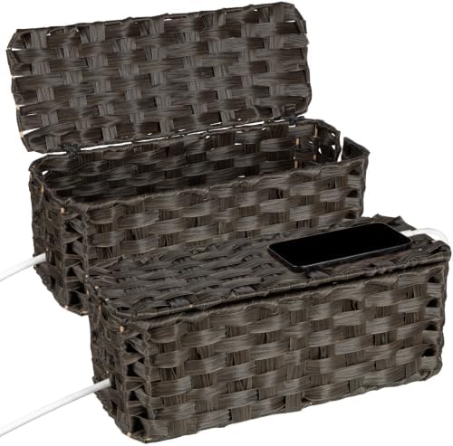 2 Pack Handwoven Cable Management Box with Lid, Decorative Cord Organizer for Power Strips, Chargers, TV Wires, Desk, Ho