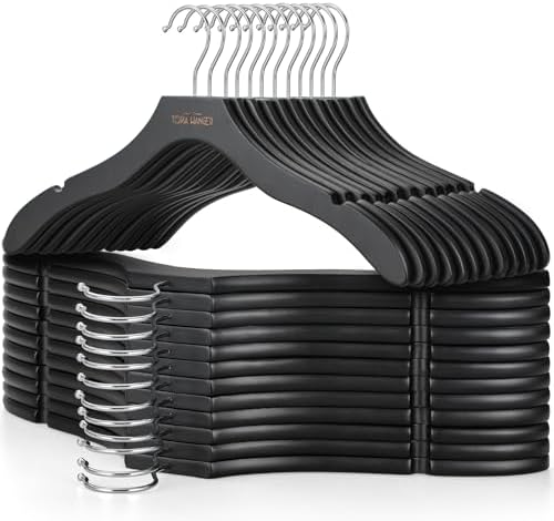 TOPIA HANGER Wooden Hangers for Women, Premium Sweater Hangers No Shoulder Bump, 360° Swivel Hook and Cut Notches Clothes Hangers for Sweater, Coat, Shirts, Hoodies, Dress, 24 Pack Black CT85B