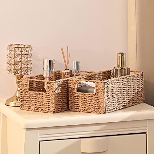 Vagusicc Wicker Storage Basket, Set of 2 Hand-Woven Paper Rope Wicker Basket, Small Storage Baskets for Organizing Toile