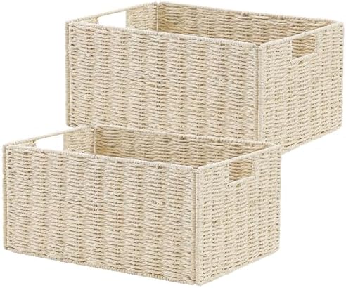 Vagusicc Wicker Storage Basket, Set of 2 Hand-Woven Paper Rope Wicker Basket, Small Storage Baskets for Organizing Toile