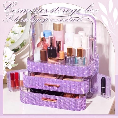Honeydak Rhinestone Makeup Organizer with 2 Drawers Lid, Purple, Rhinestone